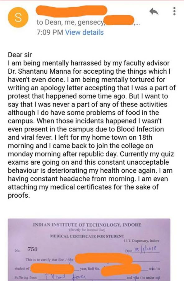 An Indian Institute of Technology Indore student's allegation of harassment by faculty