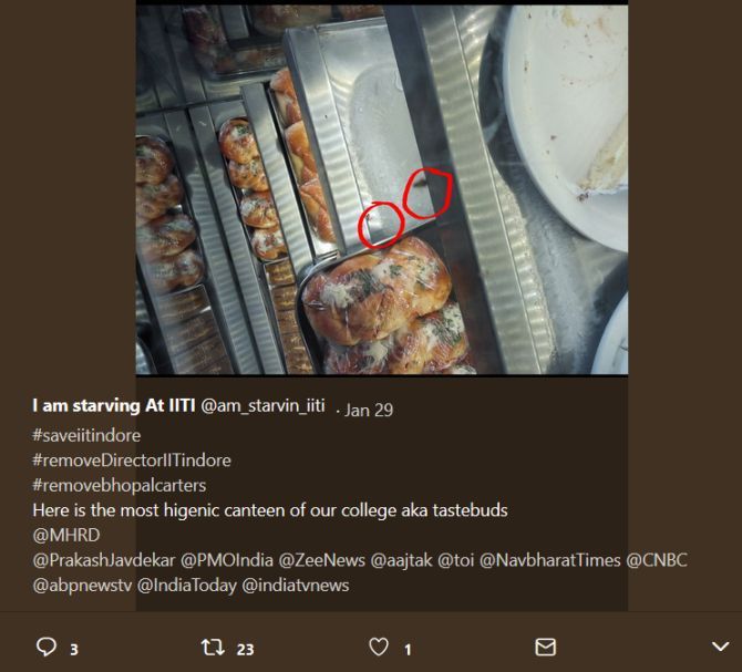 An Indian Institute of Technology Indore student's Facebook post alleges cockroaches spotted inside the cafeteria's food display