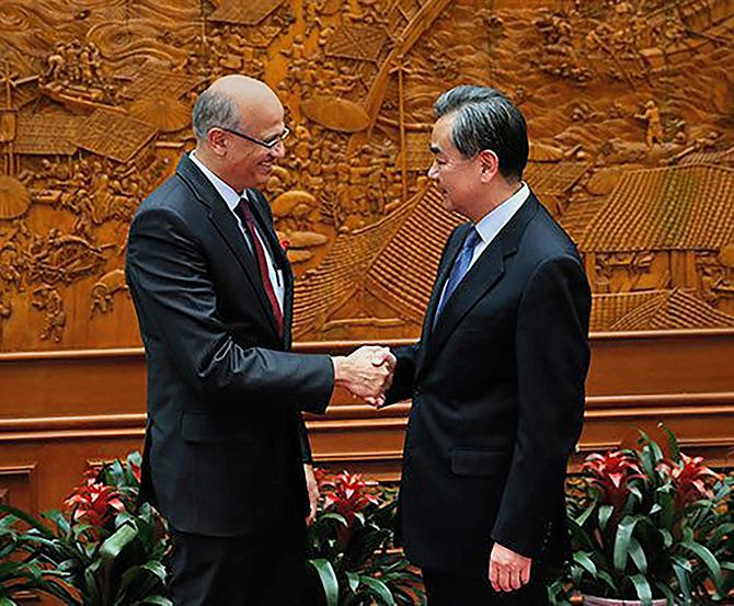 Foreign Secretary Vijay Gokhale with Chinese Foreign Minister Wang Yi in Beijing, February 23, 2018. Photograph: PTI Photo