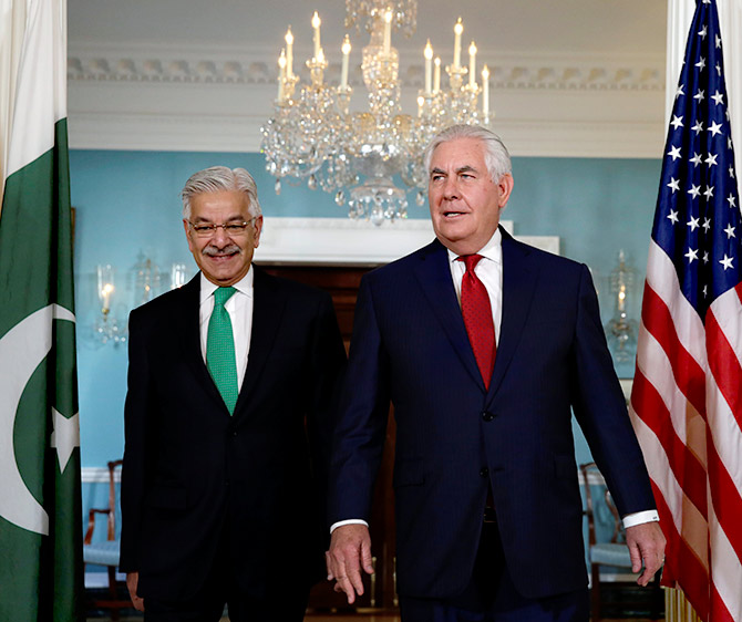 US Secretary of State Rex Tillerson, right, with Pakistan Foreign Minister Khawaja Muhammad Asif at the State Department, Washington, DC, October 4, 2017. Photograph: Yuri Gripas/Reuters