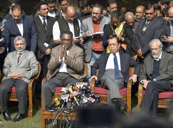 Supreme Court Justices Kurien Joseph, Jasti Chelameswar, Ranjan Gogoi and Madan B Lokur at their press conference in New Delhi, January 12, 2018. Photograph: PTI