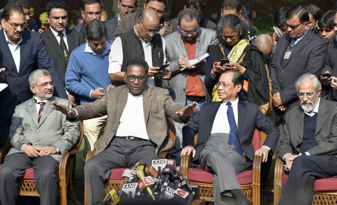 Supreme Court Justice Jasti Chelameswar makes a point as his brother judges  Justice Kurian Joseph to his right and Justices Ranjan Gogoi and Madan Lokur to his left at the press conference in New Delhi, January 12, 2018. Photograph: Ravi Choudhary/PTI Photo