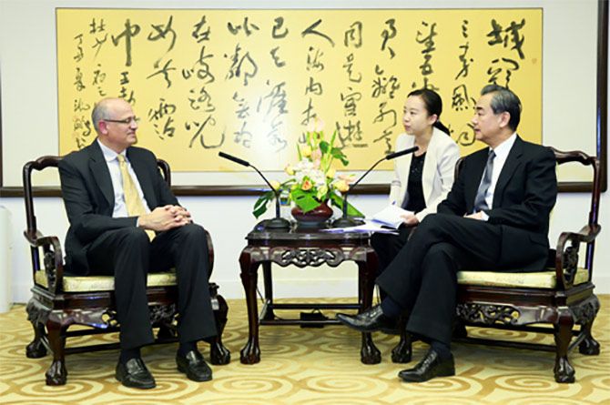 Vijay Gokhale, the outgoing Indian ambassador to China, pays a farewell call on Chinese Foreign Minister Wang Yi, October 21, 2017. Photograph: Kind courtesy Ministry of Foreign Affairs, Republic of China