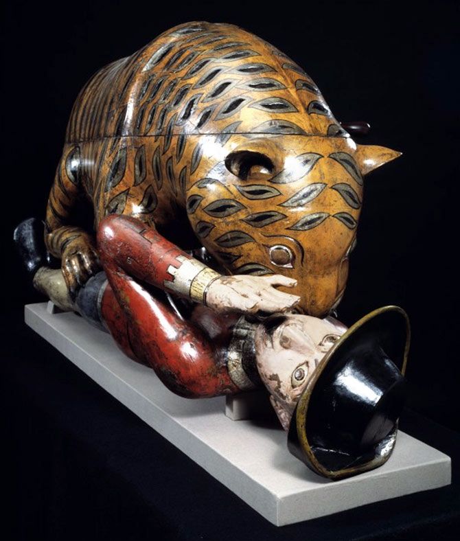Tippoo's Tiger c. 1793 was made for the sultan in Mysore at the Victoria & Albert museum. Life-sized it has an organ inside that plays/ed sounds similar to a man dying in the jaws of a tiger. Photograph: Courtesy Victoria and Albert Museum/Wikimedia Commons.