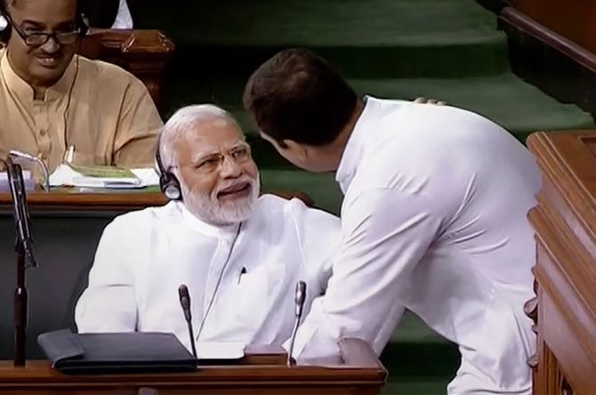 Prime Minister Narendra Damodardas Modi with Congress President Rahul Gandhi during the debate on the no-confidence motion, July 20, 2018.