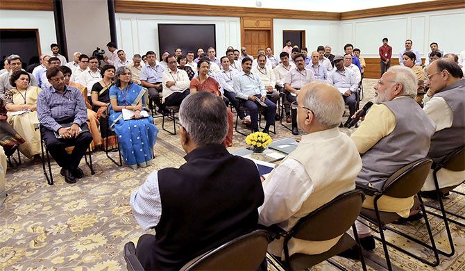 Prime Minister Narendra Damodardas Modi interacts with additional secretaries and joint secretaries in New Delhi, August 23, 2017. Photograph: Press Information Bureau