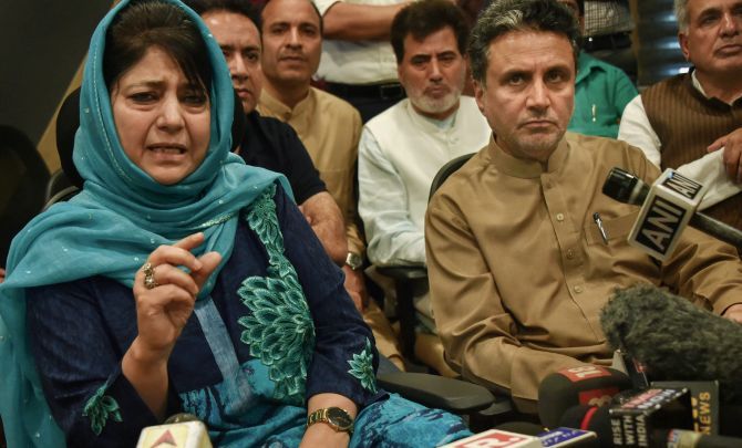 Outgoing Jammu and Kashmir chief minister Mehbooba Mufti addresses a press conference in Srinagar, June 19, 2018. Photograph: S Irfan/PTI Photo