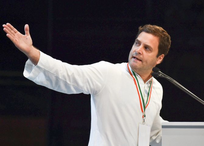 Congress President Rahul Gandhi address the party plenary in New Delhi, March, 17, 2018. Photograph: Manvender Vashist/PTI Photo