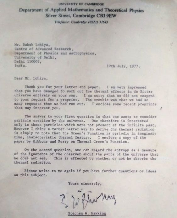 Letter from Prof Stephen Hawking 
