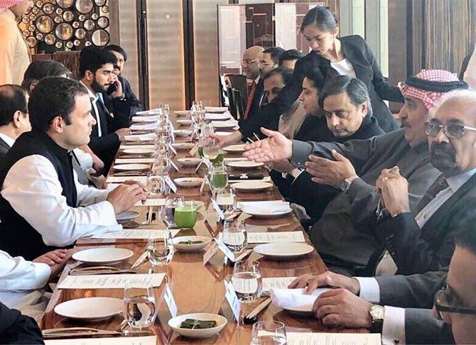 Rahul Gandhi on his first foreign visit after he was elected Congress president, with Shaikh Khalid bin Ahmed bin Mohammed Al Khalifa, Bahrain's minister of foreign affairs, who hosted a lunch for him. Photograph: Kind courtesy Rahul Gandhi/Twitter