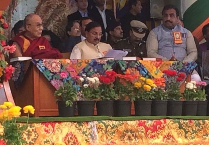 Culture Minister Mahesh Sharma and Bharatiya Janata Party General Secretary Ram Madhav attended the 'Thank You India' event in Dharamshala, March 31, 2018, organised to mark 60 years of The Dalai Lama's exile. Photograph: ANI/Twitter