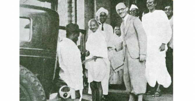 Mahatma Gandhi at the department of electrical technology, with Sir C V Raman, Kasturba Gandhi, Kenneth Aston, head of the department, and Mahadev Desai, Gandhi's personal secretary. Gandhi visited the Institute twice, in 1927 and in 1936.