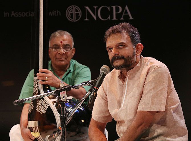 T M Krishna, celebrated Carnatic vocalist performing at the NCPA, Mumbai. Photograph: Hitesh Harisinghani/Rediff.com