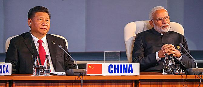 Prime Minister Narendra Damodardas Modi and Xi at the BRICS summit in Johannesburg, South Africa, July 27, 2018. Photograph: Mike Hutchings/Reuters