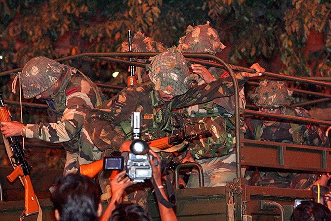 Soldiers arrive to tackle the terrorists, November 26, 2008. Photograph: Rediff.com