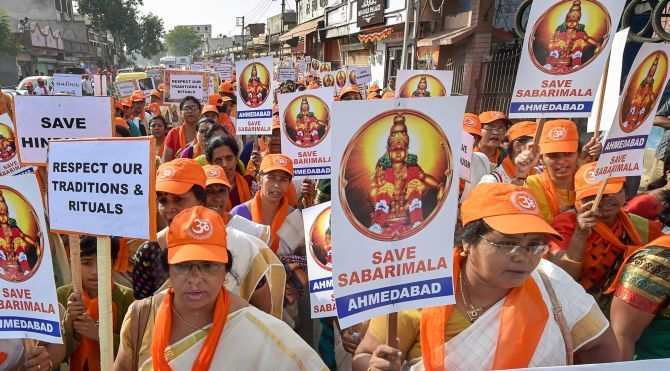 Ayyappa devotees protest against the Supreme Court order allowing the entry of women into the Sabarimala temple in Ahmedabad, October 14, 2018. Photograph: Santosh Hirlekar/PTI Photo