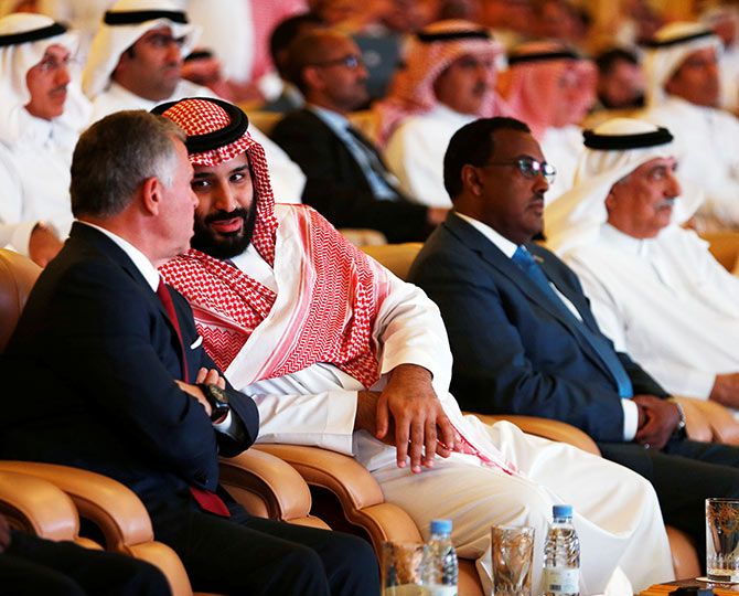 Saudi Crown Prince Mohammed bin Salman speaks to Jordan's King Abdullah II ibn Al Hussein at the investment conference in Riyadh, October 23, 2018. Photograph: Faisal Al Nasser/Reuters