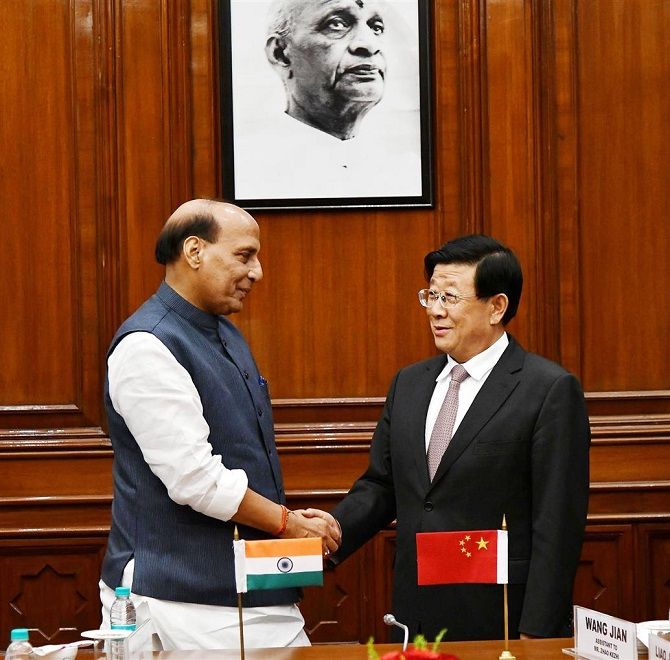 Union Home Minister Rajnath Singh greets Chinese State Councilor and Minister for Public Security Zhao Kezhi, October 22, 2018. Photograph: Press Information Bureau