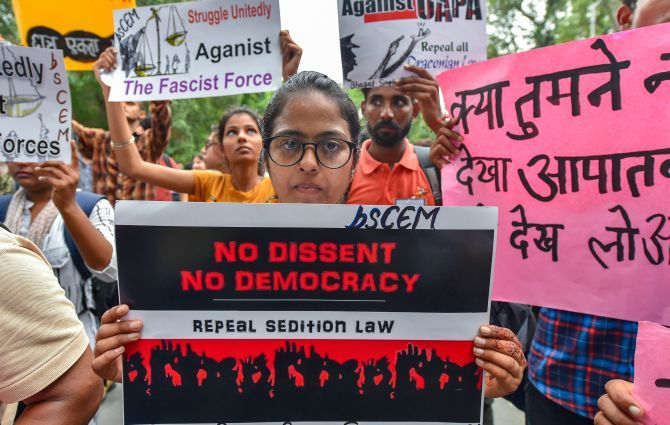 A protest against the arrests of activists in New Delhi. Photograph: Kamal Kishore/PTI Photo