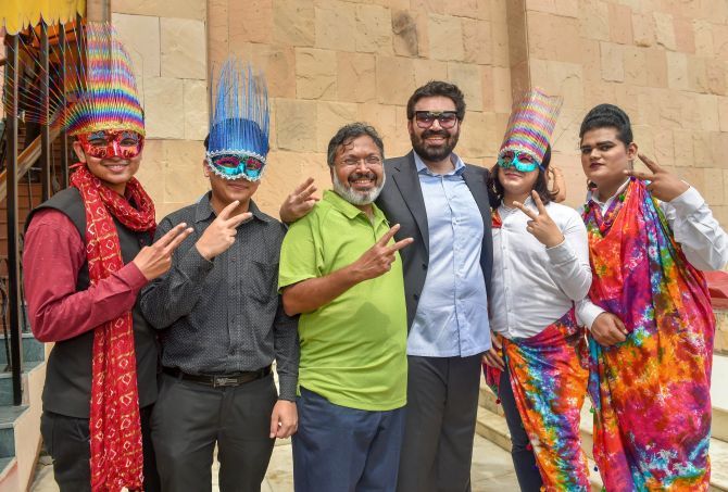Keshav Suri, third from right, one of the petitioners in the Section 377 case, along with other LGBTQ activists, celebrate the Supreme Court verdict that decriminalises consensual gay sex, New Delhi, September 6, 2018. Photograph: Manvender Vashist/PTI Photo