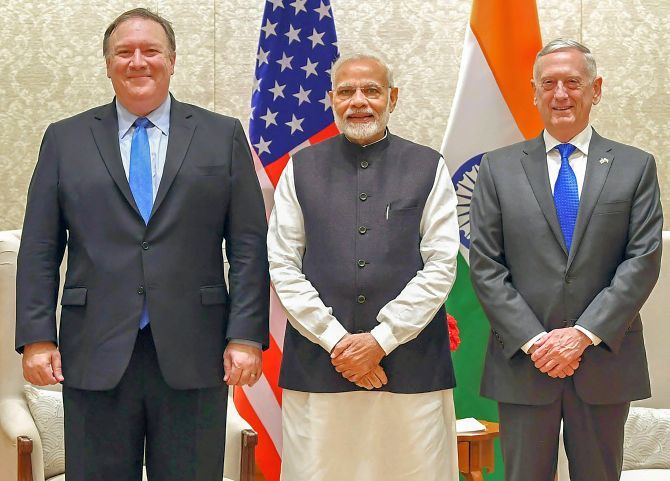 Prime Minister Narendra Damodardas Modi flanked by US Secretary of State Michael R Pompeo, left, and US Secretary of Defence General James Mattis, right, in New Delhi after the 2+2 dialogue, September 6, 2018. Photograph: Press Information Bureau