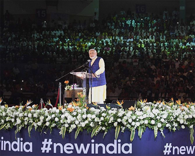 Prime Minister Narendra Damodardas Modi addresses the New India Youth conclave in Surat, January 30, 2019. Photograph: Press Information Bureau