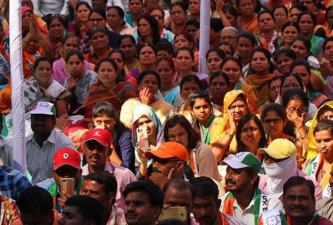 NCP supporters in Baramati, Maharashtra at Supriya Sule and Sharad Pawar's rally. Photograph: Rajesh Karkera/Rediff.com.
