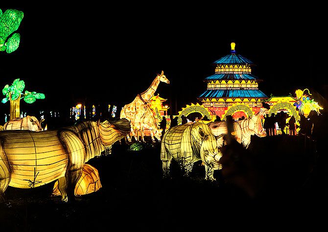 Giant lanterns illuminate the night sky at the Great Lanterns of China light festival at the Pakruojis Manor. Photograph: Ints Kalnins/Reuters