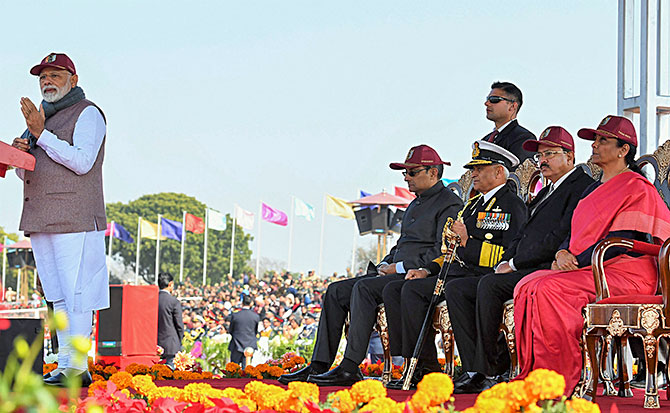 Prime Minister Narendra Damodardas Modi addresses the NCC rally in New Delhi, January 28, 2019. Also seen: Defence Minister Nirmala Sitharaman, Minister of State for Defence Dr Subhash Ramrao Bhamre, the chief of the naval staff, Admiral Sunil Lanba, and Defence Secretary Sanjay Mitra.