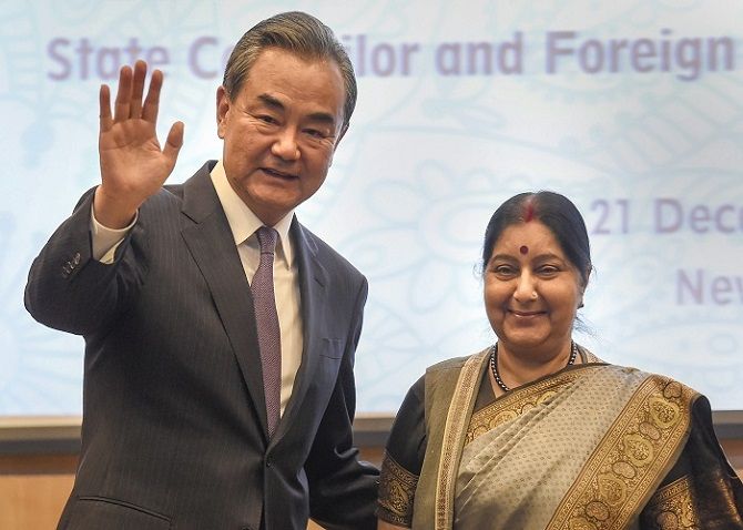 External Affairs Minister Sushma Swaraj and Chinese Foreign Minister Wang Yi in New Delhi, December 21, 2018. Photograph: PTI Photo