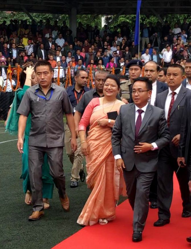 Sikkim Chief Minister Prem Singh Tamang (Golay), arrives at the swearing-in ceremony in Gangtok on May 27, 2019. Photograph : ANI Photo