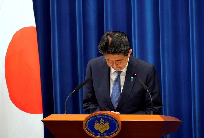 Japanese Prime Minister Abe Shinzo bows at the end of the news conference where he announced his resignation at the prime minister's official residence in Tokyo, August 28, 2020. Photograph: Franck Robichon/Pool/Reuters