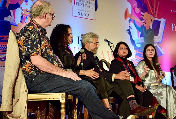 Rana Ayyub, second from left, speaks at the debate 'Has social media divided society?' at the Jaipur LitFest. Photograph: Kind courtesy JLF/Twitter