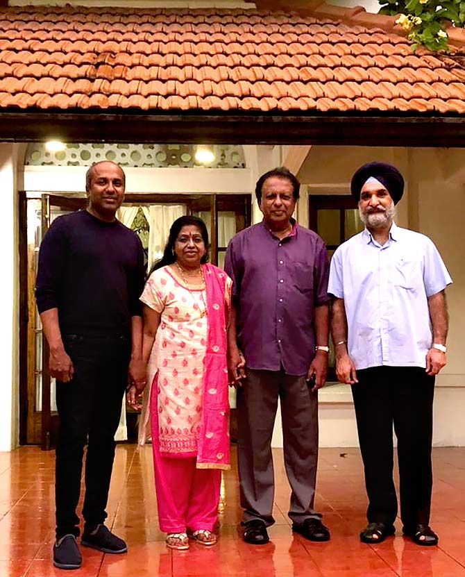 Ambassador Taranjit Singh Sandhu, right, with Sreenath Sreenivasan, Marshall R Loeb visiting professor at the Stony Brook University School of Journalism in New York, Lekha Sreenivan and Ambassador T P Sreenivasan, at the high commissioner's home in Colombo.
