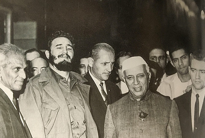 Then prime minister Jawaharlal Nehru and V K Krishna Menon flank Cuban leader Fidel Castro. Photograph: Kind courtesy A Chequered Brilliance, The Many Lives of V K Krishna Menon
