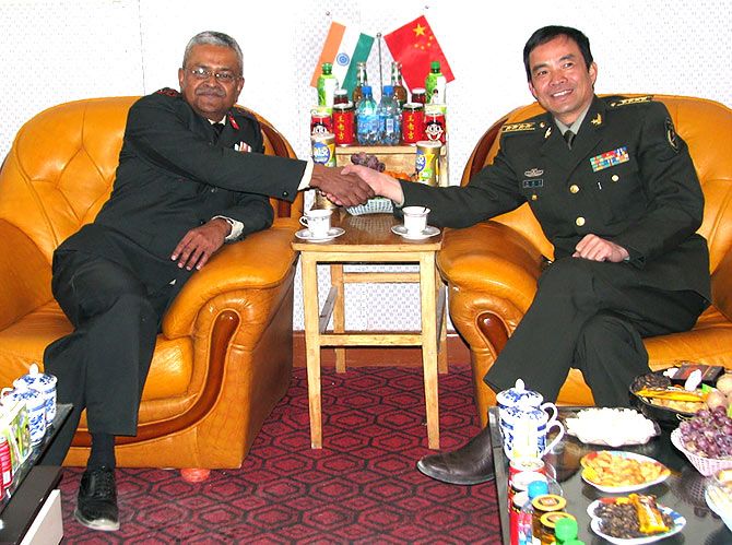Major Generakl Somnath Jha, then the Brigade Commander in Ladakh, with his Chinese counterpart. Photograph: Kind courtesy Major General Somnath Jha