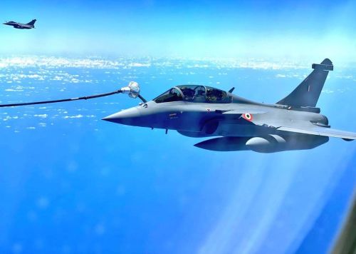 One of the five Rafale jets being refuelled mid-air