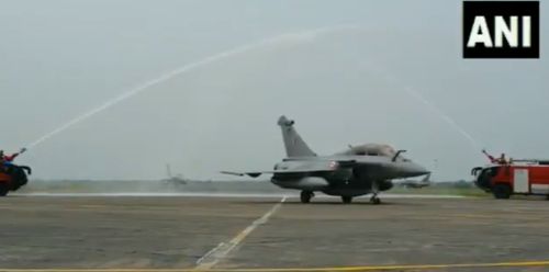 A water salute was given to the Rafale jets on touchdown