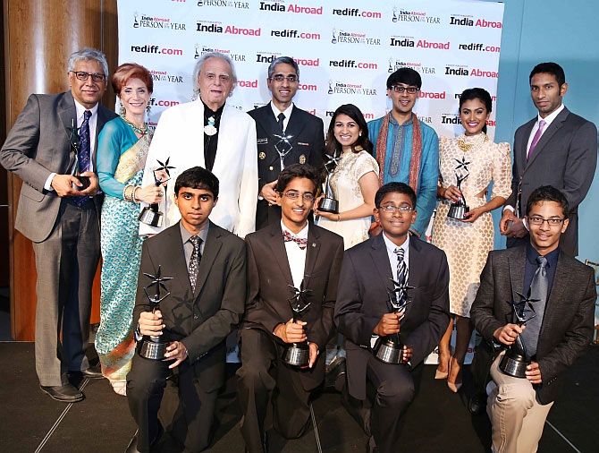 Dr Vivek H Murthy, then the US Surgeon General, fourth from left, standing, with other winners of the India Abroad Person of the Year Awards, June 17, 2015. It was the last time the India Abroad Person of the Year Awards ceremony was held.