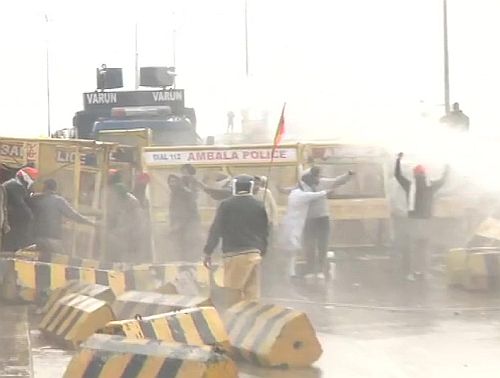Water cannons being used on protesting farmers in Haryana