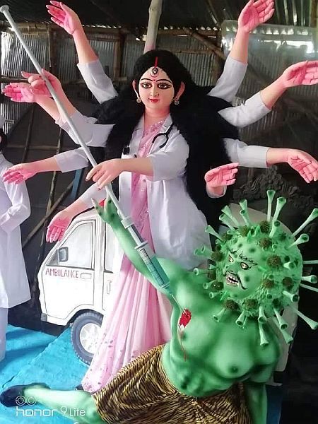 Ma Durga as the Covid slayer at a pandal in Kolkata