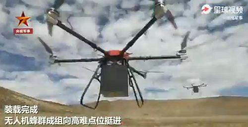 A video grab of the drones delivering meals to Chinese troops