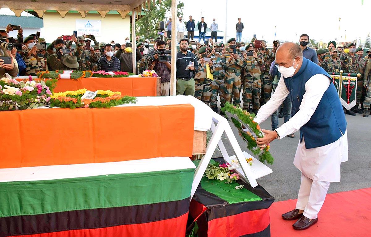 Manipur Chief Minister N.Biren Singh pays tribute to Rifleman Khatnei Knoyak of Assam Rifles, Imphal, Assam.