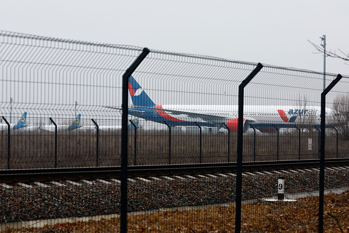 Parked planes at Kyiv airport after the airspace was closed