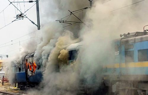 A train set afire in Chhapra. Pic: ANI