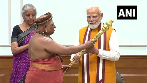 Adheenams handing over the Sengol to Prime Minister Narendra Modi/ANI