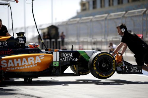 Nico Hulkenberg of Germany and Force India returns to his garage 