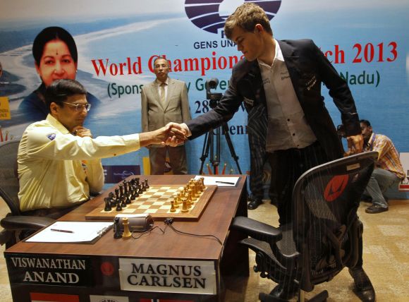 Viswanathan Anand and Magnus Carlsen during the World Championship match in Chennai.
