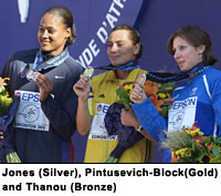 Marion Jones (Silver), Zhanna Pintusevich-Block (Gold) and Ekaterini Thanou (Bronze)