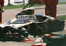 Ayrton Senna's wrecked Williams-Renault after he crashed during the San Marino Grand Prix at the Imola circuit in San Marino on May 1, 1994